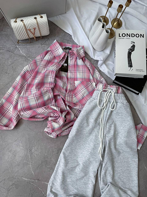 Женский повседневный костюм двойка: рубашка в клетку и штаны фланель + двунитка Розовый, 48/52 Одесса - изображение 4