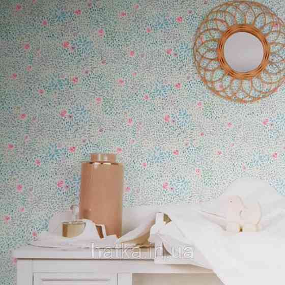 Шпалери флізелінові дитячі еко Lutece Tartine et Chocolat ніжні квіти рожеві листочки бірюзові блакитні Київ