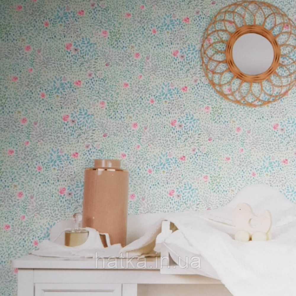 Шпалери флізелінові дитячі еко Lutece Tartine et Chocolat ніжні квіти рожеві листочки бірюзові блакитні Київ - фото 2