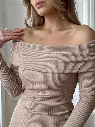 Жіноча романтична сукня максі з відкритими плечима ангора рубчик Бежевий Одеса