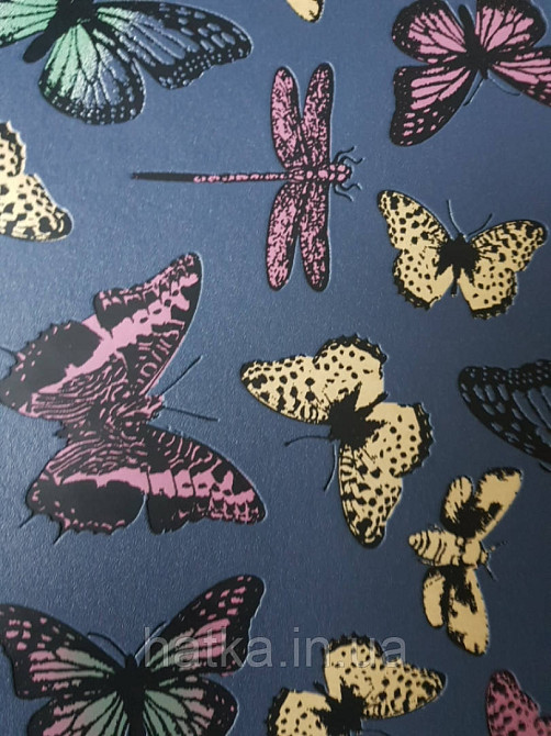 Обои виниловые на флизелине Marburg 82130 Felicita бабочки стрекозы на темно сером металлике Киев - изображение 3