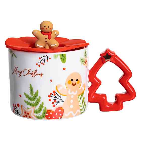 Yiwu Новорічна порцелянова чашка «Пряниковий Чоловічок» з кришкою 400 мл Yiwu FM-CS-18A Коломия