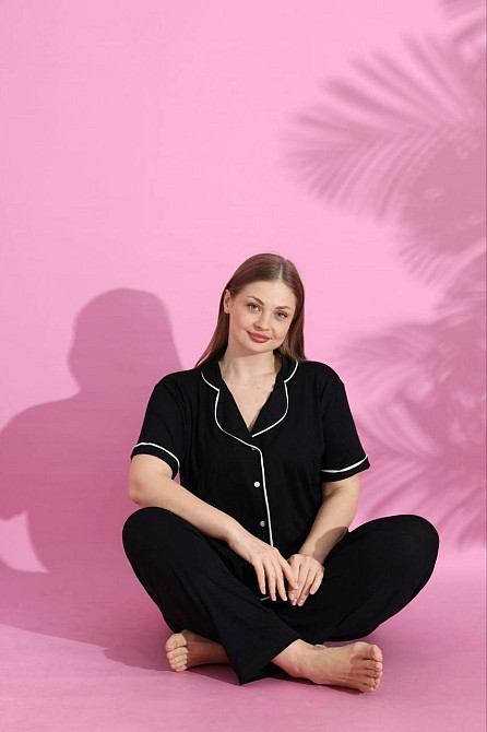 Жіноча зручна піжама подвійна: сорочка та штани батал Чорний, 52 Одеса - фото 1