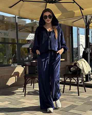 Женский стильный повседневный костюм тройка (кофта+штаны+топ) велюр спорт Темно-синий, 46/48 Одесса