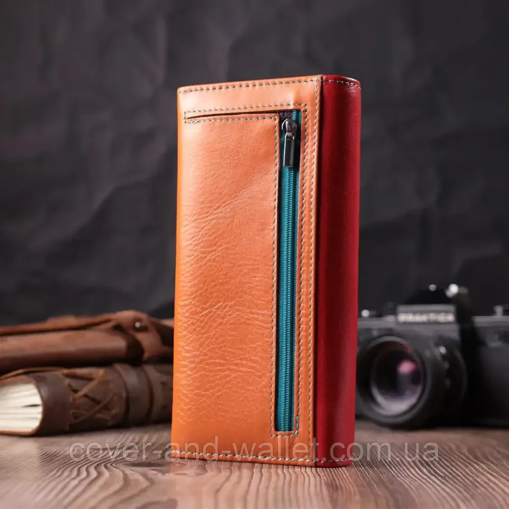 Жіночий шкіряний гаманець на магнітах червоно-помаранчевий мультиколор ST 014 Київ - фото 9