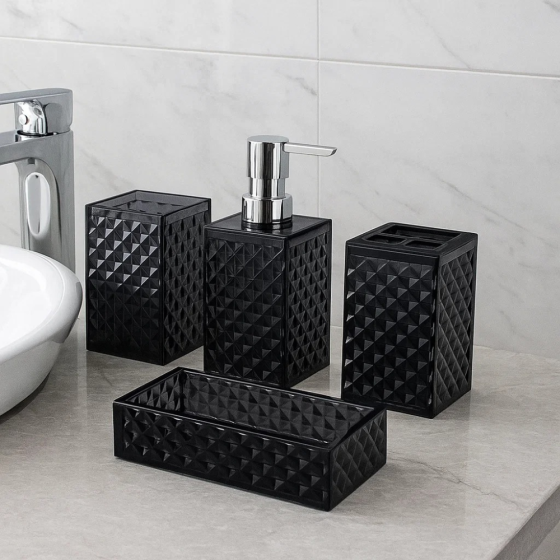 Набор аксессуаров 4в1 для ванной и душа, дозатор для мыла, мыльница, стаканы,материал акрил стаканы,черный Каменец-Подольский