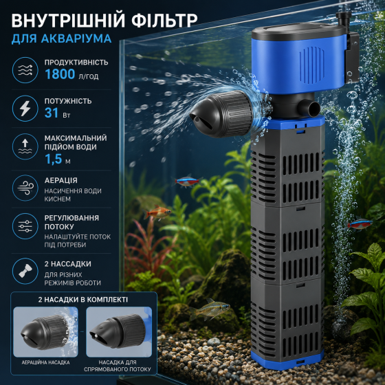 Внутренний фильтр для аквариума 31 Вт, 1800 л/ч, аэрация, регулировка потока, 2 насадки, подъем 1,5 м Киев