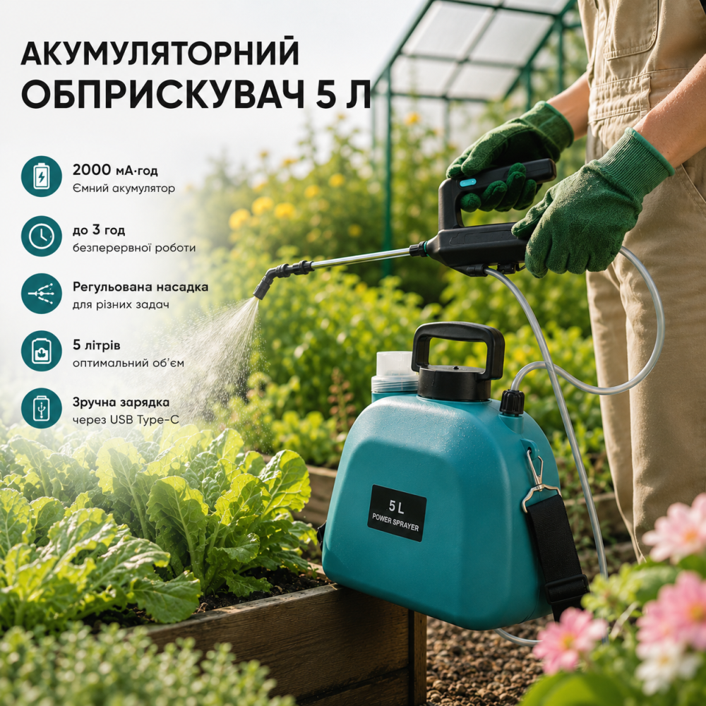 Аккумуляторный опрыскиватель 5 л, электрический распылитель 2000 мА·ч, до 3 ч работы, регулируемая насадка Киев - изображение 7