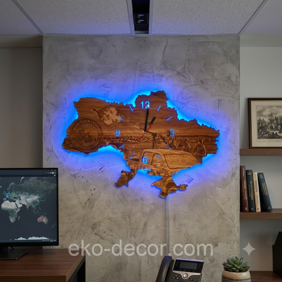 Дерев`янний настінний годинник з підсвіткою''"МОБІЛЬНА ГРУПА ППО ЗСУ" 50*34 см Київ