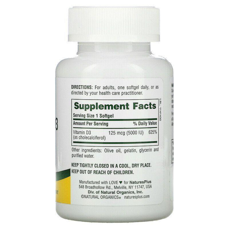 Вітамін D3 холикальциферол Nature's Plus Vitamin D3 125 мкг (5000 МЕ) 60 гел капс Київ - фото 2