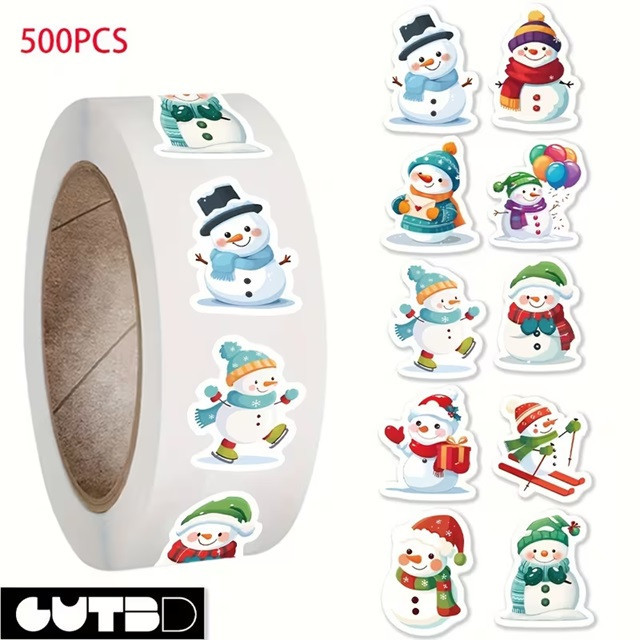Новорічні наклейки зі сніговиками 500 шт – рулон, 8 дизайнів Київ - фото 1