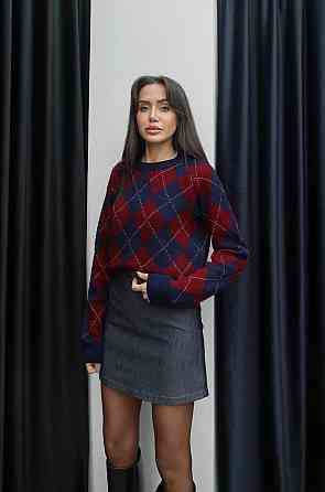 Жіночий светр оверсайз у геометричний принт машинне в'язання Синій Одеса