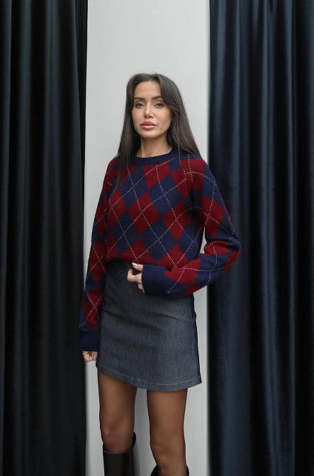 Женский оверсайз свитер в геометрический принт машинная вязка Синий Одесса - изображение 3