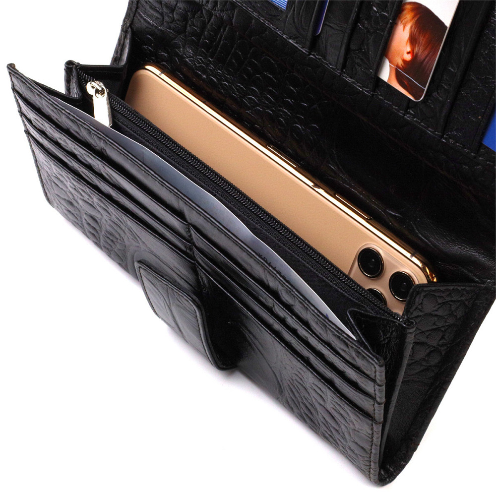 Красивое вертикальное мужское портмоне из натуральной кожи с тиснением под крокодила CANPELLINI 21844 Черное Киев - изображение 5