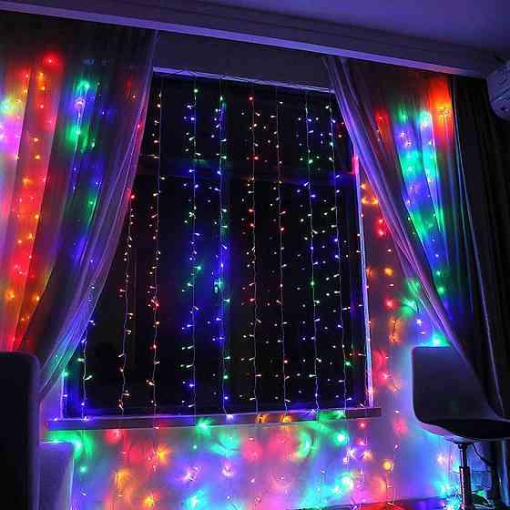 Гірлянда штора Водоспад 3х2 м 400 LED (прозорий шнур, з перехідником) Мульти світло Вінниця
