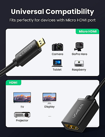 Перехідник UGreen Micro HDMI to HDMI Female Adapter Cable 20134 (Чорний, 22см) Николаев - изображение 7