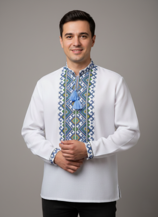 Чоловіча вишиванка з насиченим синьо-зеленим орнаментом на довгий рукав "Гармонія" 46 Київ