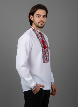 Чоловіча сорочка-вишиванка у етнічному  стилі з червоним орнаментом Київ
