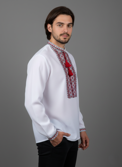 Мужская рубашка-вышиванка в этническом стиле с красным орнаментом. Киев - изображение 2