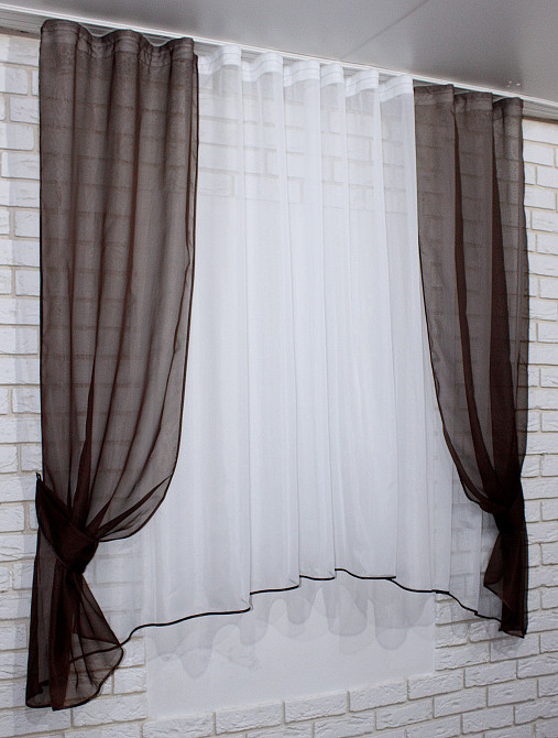 Кухонний комплект VR-Textil № 051к тюль і шторки з підв'язками венге з білим 280х170 см (50-491) Київ - фото 2