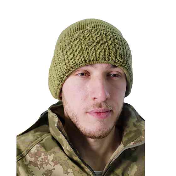 Шапка вязанная тактическая для военных и ВСУ, теплая непродуваемая шапка с отворотом анатомическая Хаки Каменец-Подольский