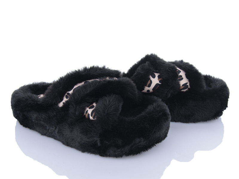 Тапки женские открытые домашние с меховые накрест с принтом леопарда черные Одесса - изображение 9