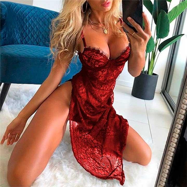 Длинный гипюровый пеньюар из цветочного кружева - Красный - S/M – Эротическое бельё Винница - изображение 1