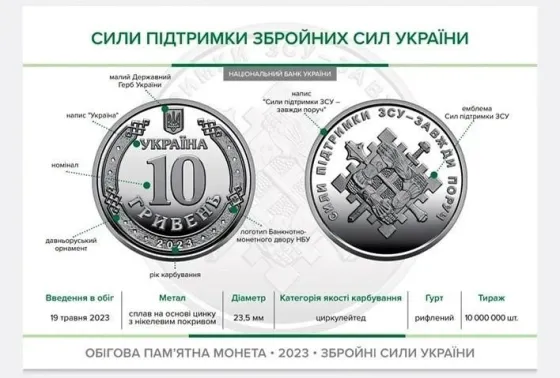 Монета України "Сили підтримки Збройних Сил України" , 10 гривень 2023 рік з ролу Полтава