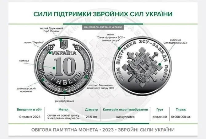 Монета України "Сили підтримки Збройних Сил України" , 10 гривень 2023 рік з ролу Полтава - фото 1