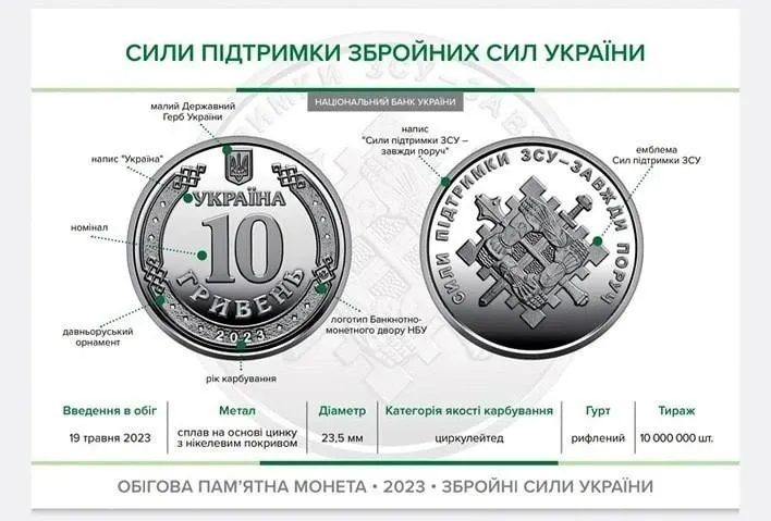 Монета України "Сили підтримки Збройних Сил України" , 10 гривень 2023 рік з ролу Полтава - фото 1