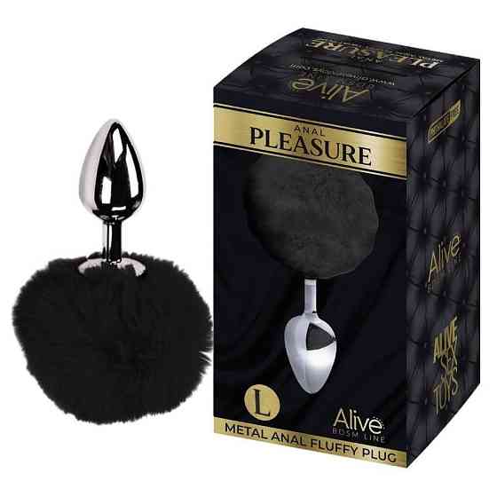 Анальна пробка Alive Anal Pleasure L з чорним хутром, срібляста, 9 х 4 см Sex Aura Київ