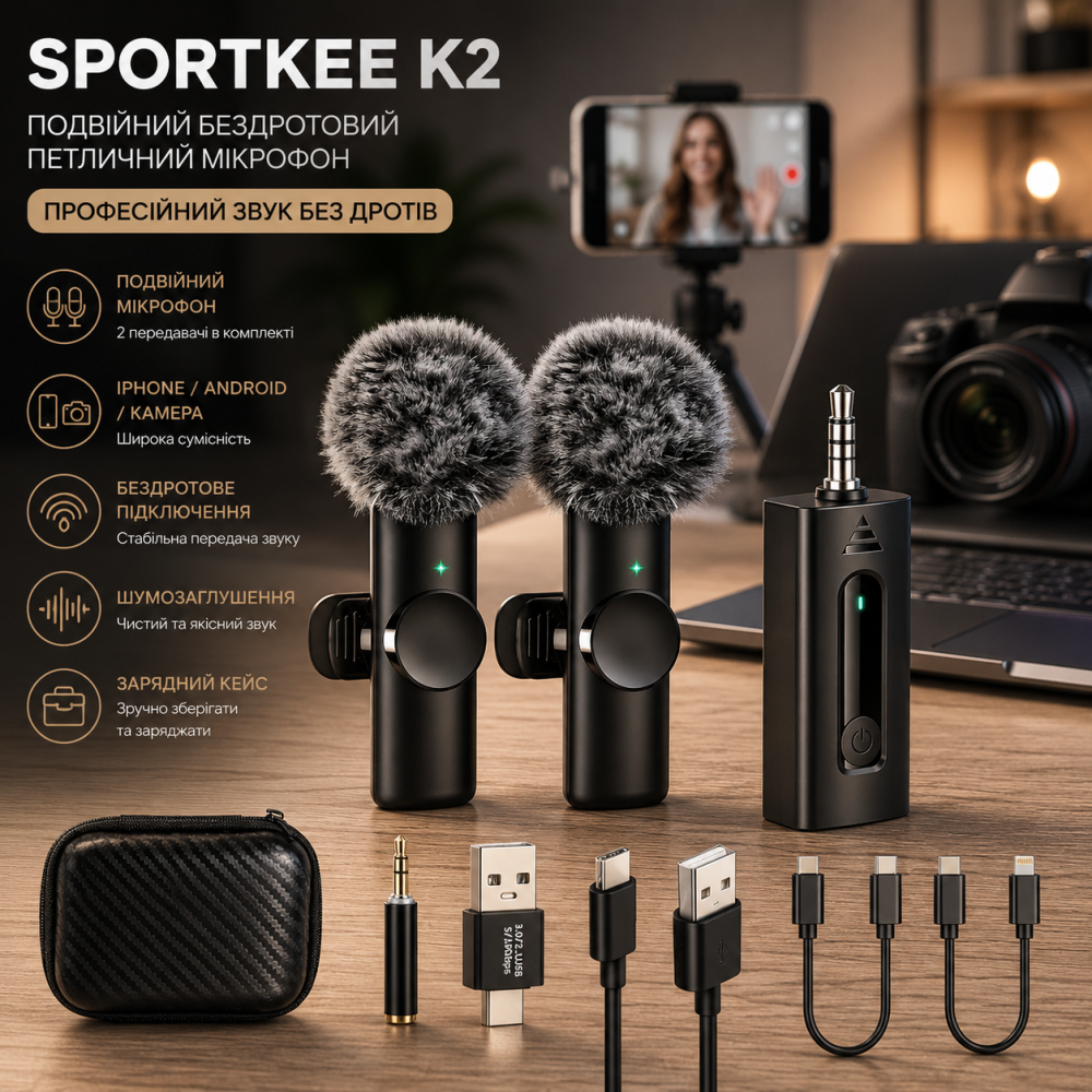 Подвійний бездротовий петличний мікрофон SPORTKEE K2 для iPhone/Android/Камери, професійна радіосистема для відеоблогів Київ - фото 8