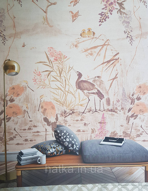 Шпалери вінілові Grandeco One roll one motif 1.59x2.8 панно птиці гілки квіти рожеві коричневі Київ - фото 1