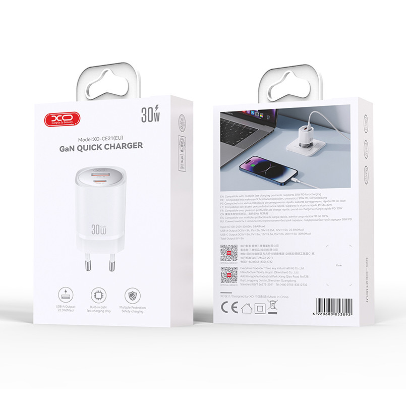Мережевий зарядний пристрій XO CE21 PD30W/PPS33W 1USB-A+1USB-C білий Львів - фото 5