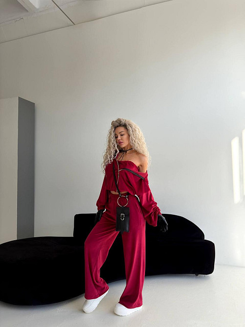 Женский велюровый костюм тройка: кофта корсет и штаны Бордовый, 48/52 Одесса - изображение 9