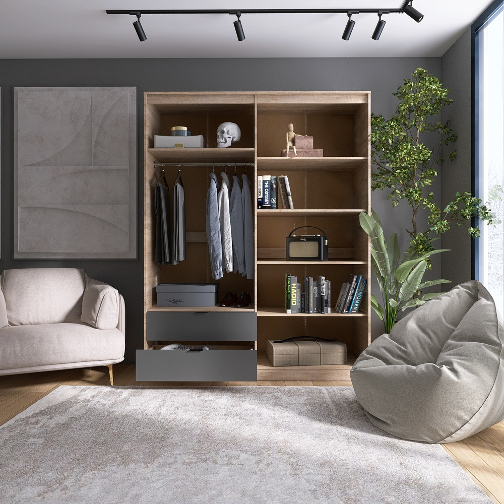 Шкаф распашной для одежды с выдвижными ящиками (штанга - полки) Эверест Сити-1600 160,2х50х204,6 см Дуб сонома/Графит (DTM-071123) Львов - изображение 3