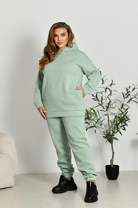 Женский прогулочный костюм: худи и штаны батал в спортивном стиле трехнитка на флисе Фисташковый, 56/58 Одесса - изображение 3