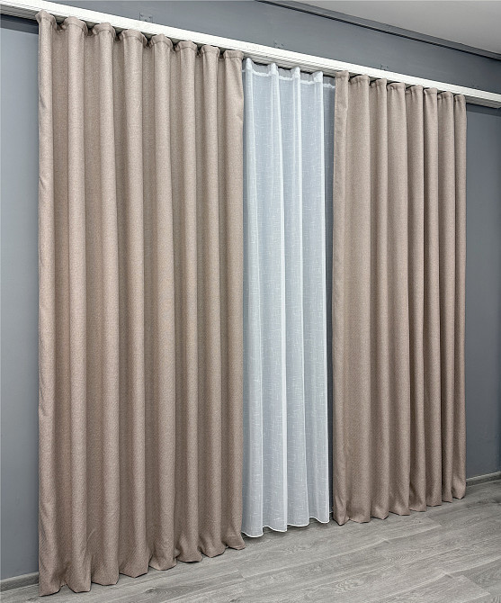 Комплект штор VR-Textil лен премиум ELEMENTA 150х270 2шт и Тюль 500х270 1869ш-115т бежевый с белым 71-073/4 Киев - изображение 3