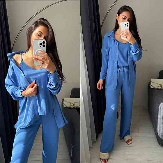 Женский базовый костюм тройка: рубашка майка и штаны креп жатка Светлый джинс, 50/52 Одесса