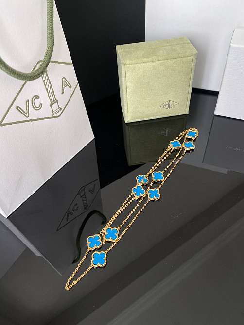 Клевер длинная подвеска голубая в позолота на 10 элементов / Длинная подвеска Ванклиф голубая Одесса - изображение 2
