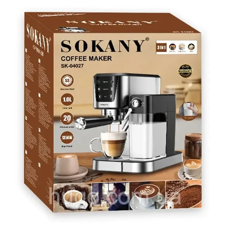 Автоматическая кофеварка эспрессо Sokany SK-04027 20 бар: рожковая кофемашина с автокапучинатором, термоблок Одесса - изображение 2