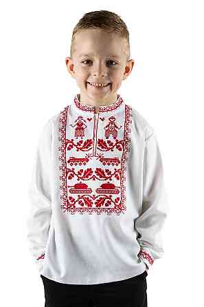 Вышиванка для мальчиков подростков, лён, белая, длинный рукав, детская украинская красными нитками этническая 128 Киев