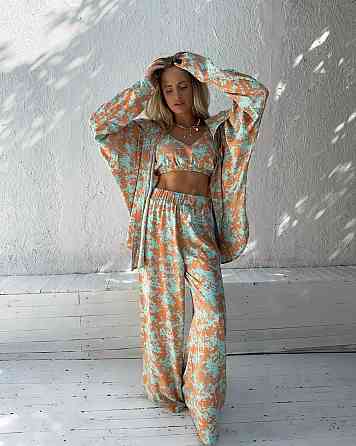 Жіночий легкий оверсайз костюм-трійка: сорочка топ і штани софт Бірюза Одеса