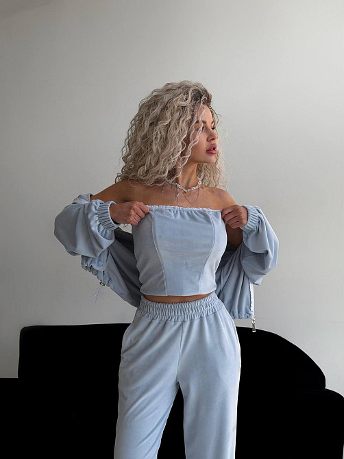 Женский велюровый костюм тройка: кофта корсет и штаны Голубой, 48/52 Одесса - изображение 3