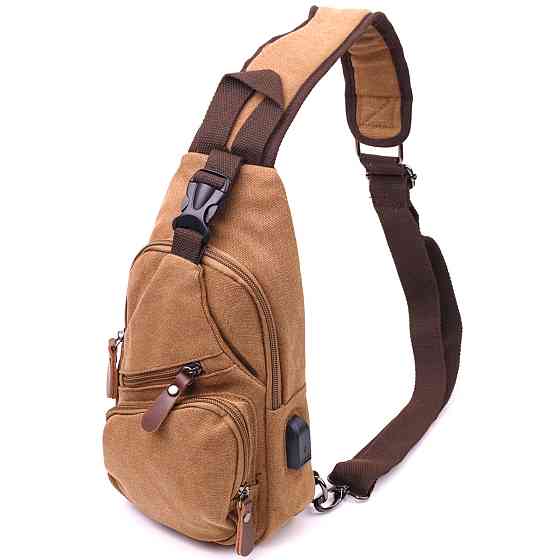 Практичная мужская сумка через плечо с USB кабелем текстильная 21222 Vintage Коричневая Киев