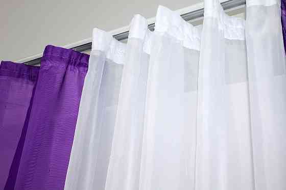 Кухонний комплект VR-Textil № 051к тюль і шторки з підв'язками фіолетовий з білим 280х170 см (50-078) Київ