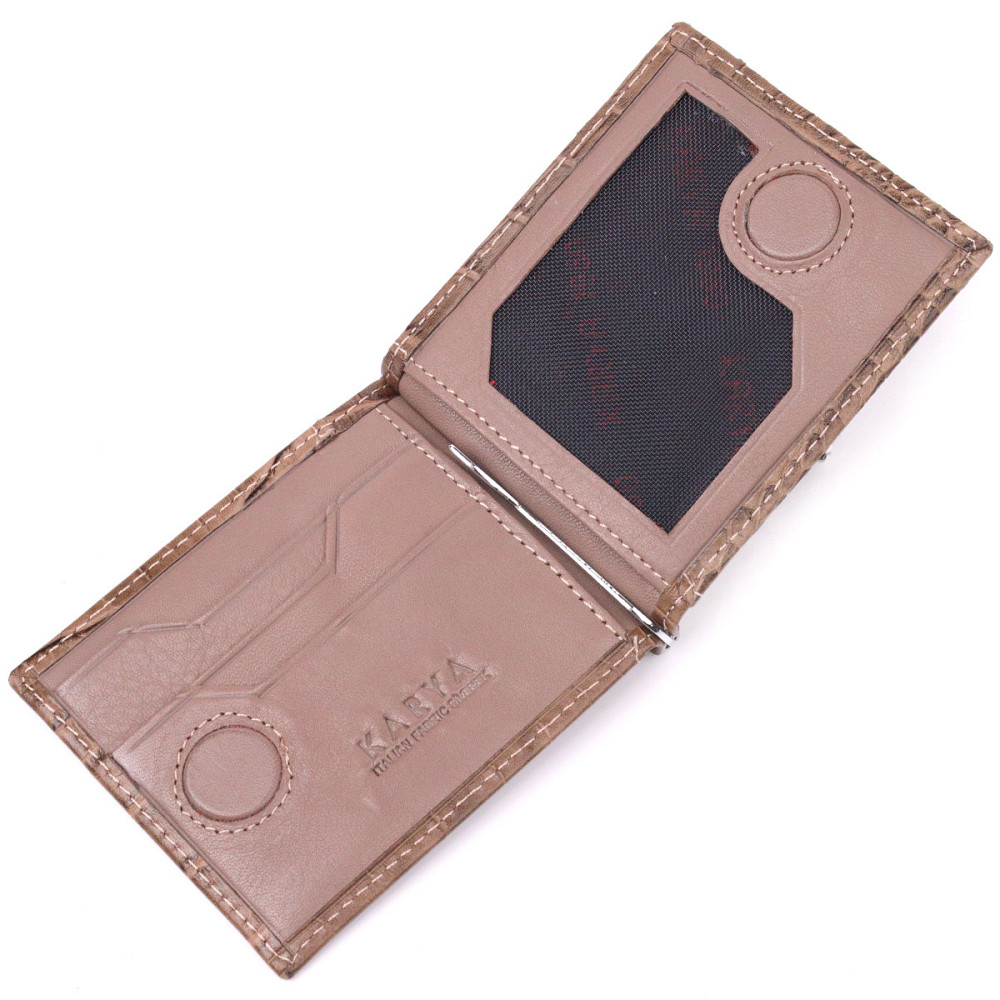 Фактурний чоловічий затиск із натуральної шкіри з тисненням під крокодила KARYA 21415 Бежевий Київ - фото 5