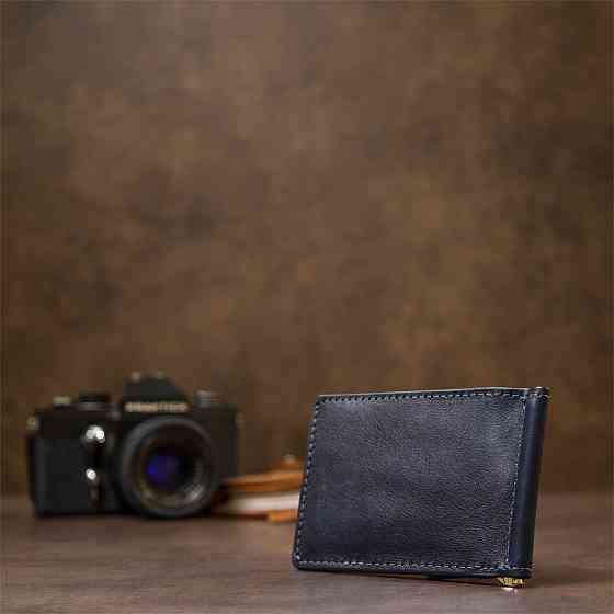 Чоловічий шкіряний затиск для грошей GRANDE PELLE 11476 Темно-синій Київ