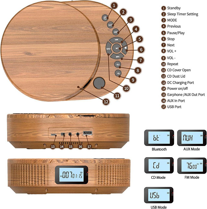 CD/MP3-програвач Arafuna з FM-радіо Bluetooth AUX із вбудованим акумулятором та динаміками Дніпро - фото 6
