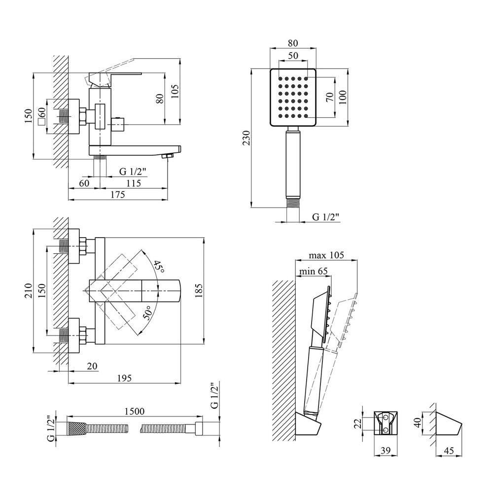 Змішувач для ванни з душовим гарнітуром Kroner KRP Edelstahl Kubus - ESG060 сатин Київ - фото 2